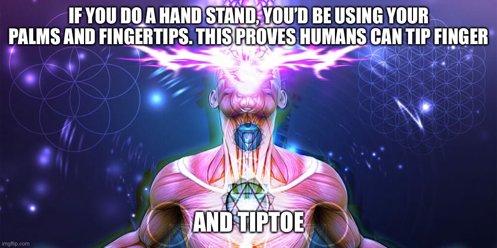 i had a shower thought outside of the shower | IF YOU DO A HAND STAND, YOU’D BE USING YOUR PALMS AND FINGERTIPS. THIS PROVES HUMANS CAN TIP FINGER; AND TIPTOE | image tagged in the tactic to surpass f1 f3 | made w/ Imgflip meme maker