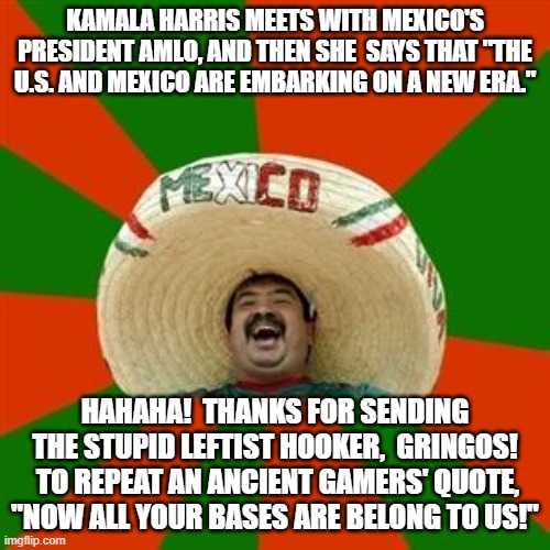It's the little things in life that count. | KAMALA HARRIS MEETS WITH MEXICO'S PRESIDENT AMLO, AND THEN SHE  SAYS THAT "THE U.S. AND MEXICO ARE EMBARKING ON A NEW ERA."; HAHAHA!  THANKS FOR SENDING THE STUPID LEFTIST HOOKER,  GRINGOS!  TO REPEAT AN ANCIENT GAMERS' QUOTE, "NOW ALL YOUR BASES ARE BELONG TO US!" | image tagged in giving away the nation,leftists | made w/ Imgflip meme maker