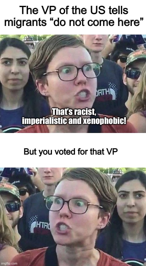 But but but | The VP of the US tells migrants “do not come here”; That’s racist, imperialistic and xenophobic! But you voted for that VP | image tagged in triggered liberal,funny memes,politics lol | made w/ Imgflip meme maker