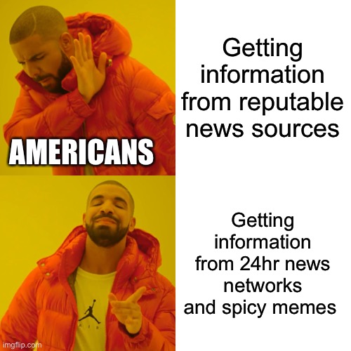 Drake Hotline Bling Meme | Getting information from reputable news sources; AMERICANS; Getting information from 24hr news networks and spicy memes | image tagged in memes,drake hotline bling,americans,news,cnn | made w/ Imgflip meme maker