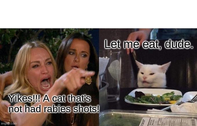 Woman Yelling At Cat | Let me eat, dude. Yikes!!! A cat that's not had rabies shots! | image tagged in memes,woman yelling at cat | made w/ Imgflip meme maker