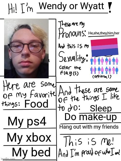 Idk just thought I'd do one | Wendy or Wyatt; He,she,they,him,her; Food; Sleep; Do make-up; My ps4; Hang out with my friends; My xbox; My bed | image tagged in lgbtq stream account profile | made w/ Imgflip meme maker