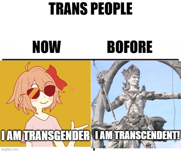 What kind of trans are you? | TRANS PEOPLE; NOW                 BOFORE; I AM TRANSGENDER; I AM TRANSCENDENT! | image tagged in who would win blank,deities,lgbt,memes,transgender | made w/ Imgflip meme maker