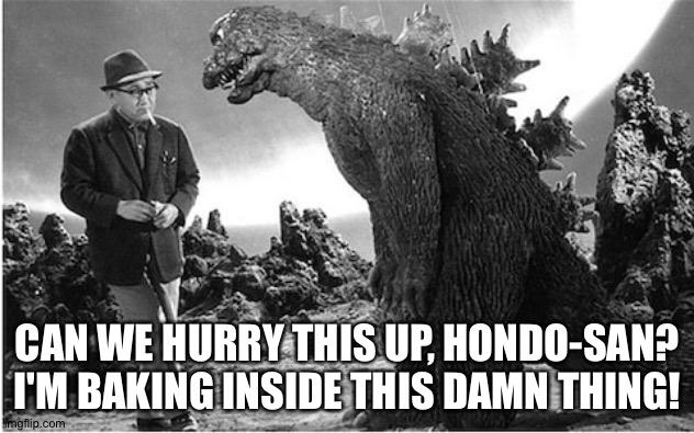 It's always "just one more take"... |  CAN WE HURRY THIS UP, HONDO-SAN?
I'M BAKING INSIDE THIS DAMN THING! | image tagged in godzilla,director | made w/ Imgflip meme maker