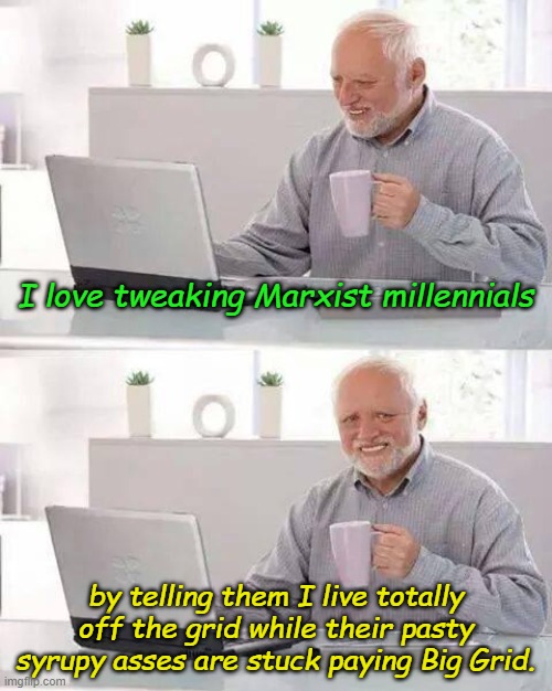 That's just the way it is when you never have to be "woke" | I love tweaking Marxist millennials; by telling them I live totally off the grid while their pasty syrupy asses are stuck paying Big Grid. | image tagged in memes,hide the pain harold | made w/ Imgflip meme maker
