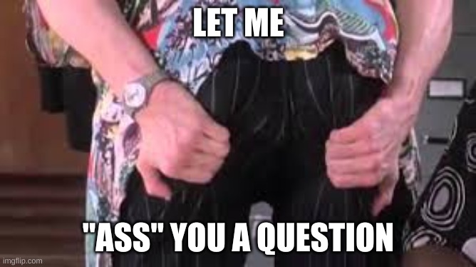 Ace Ventura butt | LET ME; "ASS" YOU A QUESTION | image tagged in ace ventura butt | made w/ Imgflip meme maker