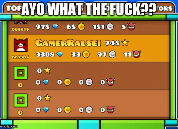 was playing gd and some hackers got deleted?? | AYO WHAT THE FUCK?? | image tagged in lol gd thing | made w/ Imgflip meme maker