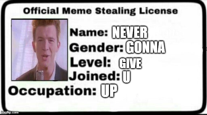 Nothing, just bored me who wants everyone get rickrolled | NEVER; GONNA; GIVE; U; UP | image tagged in meme stealing license,rickroll | made w/ Imgflip meme maker