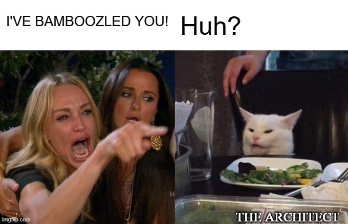 Woman Yelling At Cat | I'VE BAMBOOZLED YOU! Huh? THE ARCHITECT | image tagged in memes,woman yelling at cat | made w/ Imgflip meme maker
