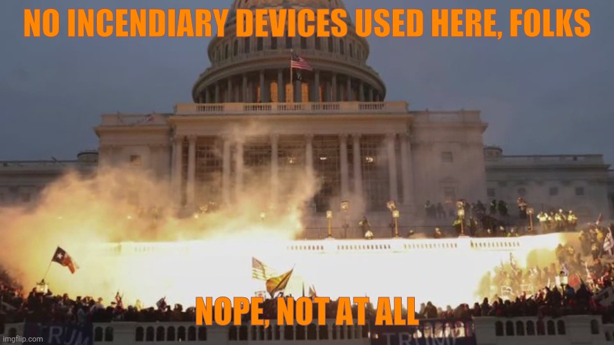 Capital Riot | NO INCENDIARY DEVICES USED HERE, FOLKS NOPE, NOT AT ALL | image tagged in capital riot | made w/ Imgflip meme maker