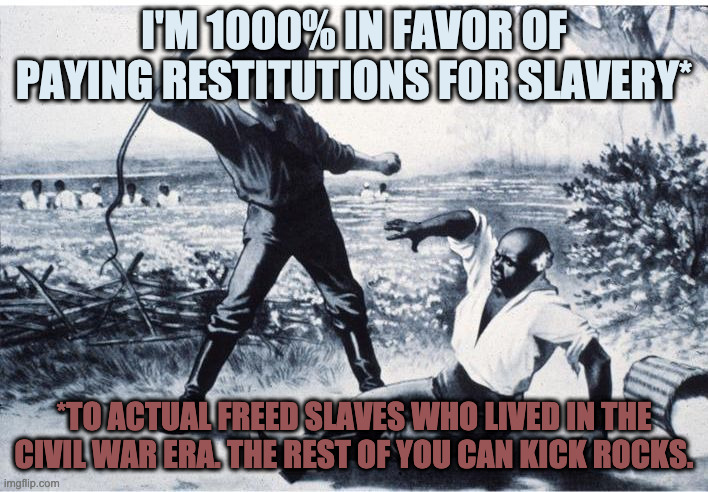 slave | I'M 1000% IN FAVOR OF PAYING RESTITUTIONS FOR SLAVERY*; *TO ACTUAL FREED SLAVES WHO LIVED IN THE CIVIL WAR ERA. THE REST OF YOU CAN KICK ROCKS. | image tagged in slave,slavery reparations | made w/ Imgflip meme maker