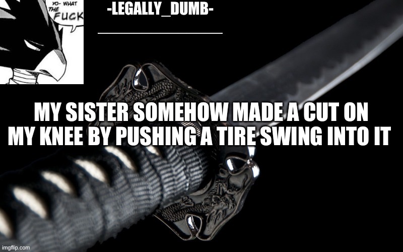 Legally_dumb’s template | MY SISTER SOMEHOW MADE A CUT ON MY KNEE BY PUSHING A TIRE SWING INTO IT | image tagged in legally_dumb s template | made w/ Imgflip meme maker