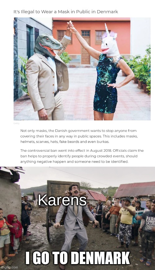 Lmao I guess COVID restrictions are illegal here | Karens; I GO TO DENMARK | image tagged in borat i go to america,karen,memes,karens,karen memes,denmark | made w/ Imgflip meme maker