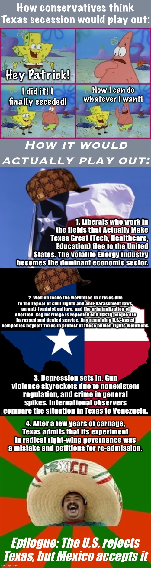 Would be sad for the liberal residents of Texas, but instructive for the rest of us (and would turn America blue, lol) | How conservatives think Texas secession would play out:; Hey Patrick! Now I can do whatever I want! I did it! I finally seceded! How it would actually play out:; 1. Liberals who work in the fields that Actually Make Texas Great (Tech, Healthcare, Education) flee to the United States. The volatile Energy industry becomes the dominant economic sector. 2. Women leave the workforce in droves due to the repeal of civil rights and anti-harassment laws, an anti-feminist culture, and the criminalization of abortion. Gay marriage is repealed and LGBTQ people are harassed and denied service. Any remaining U.S.-based companies boycott Texas in protest of these human rights violations. 3. Depression sets in. Gun violence skyrockets due to nonexistent regulation, and crime in general spikes. International observers compare the situation in Texas to Venezuela. 4. After a few years of carnage, Texas admits that its experiment in radical right-wing governance was a mistake and petitions for re-admission. Epilogue: The U.S. rejects Texas, but Mexico accepts it | image tagged in texas spongebob,scumbag texas,succesful mexican,texas,alternate reality,conservative logic | made w/ Imgflip meme maker