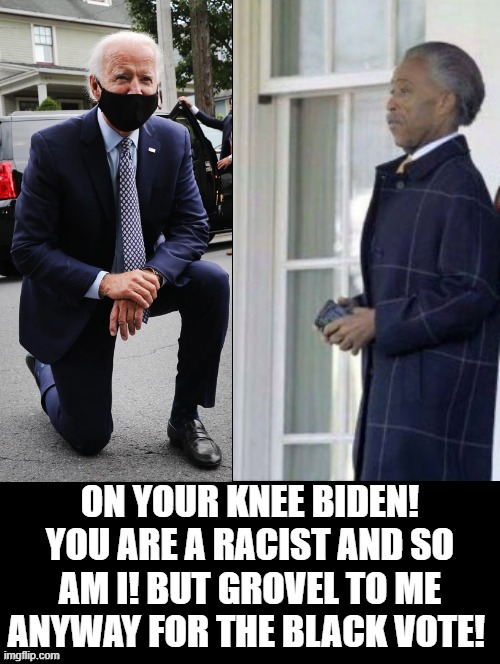 When A Racist Bows to a Racist! | ON YOUR KNEE BIDEN! YOU ARE A RACIST AND SO AM I! BUT GROVEL TO ME ANYWAY FOR THE BLACK VOTE! | image tagged in racist,stupid liberals,morons,idiots,biden,al sharpton | made w/ Imgflip meme maker