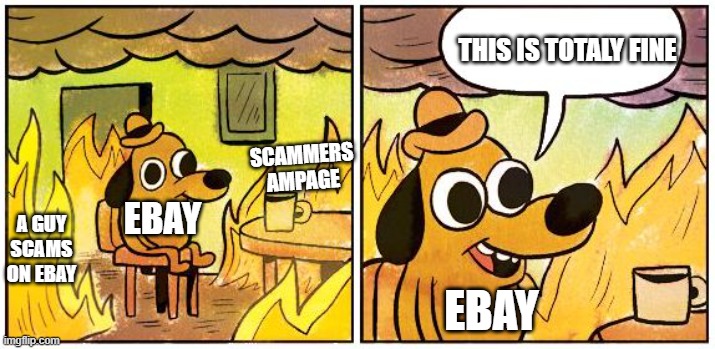 Why You Should Be Careful When Going on Ebay | THIS IS TOTALY FINE; SCAMMERS AMPAGE; EBAY; A GUY SCAMS ON EBAY; EBAY | image tagged in this is fine blank,ebay,scammers | made w/ Imgflip meme maker