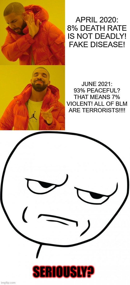 More hypocrisy. | APRIL 2020:
8% DEATH RATE IS NOT DEADLY!
FAKE DISEASE! JUNE 2021:
93% PEACEFUL? THAT MEANS 7% VIOLENT! ALL OF BLM ARE TERRORISTS!!!! SERIOUSLY? | image tagged in memes,drake hotline bling,seriously | made w/ Imgflip meme maker