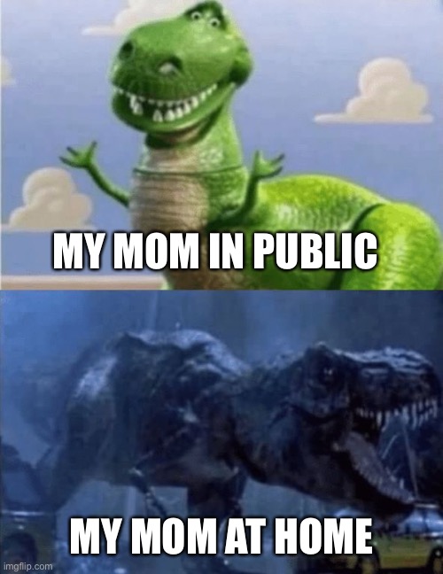 Happy Angry Dinosaur | MY MOM IN PUBLIC; MY MOM AT HOME | image tagged in happy angry dinosaur,memes,mom,mothers,vs | made w/ Imgflip meme maker