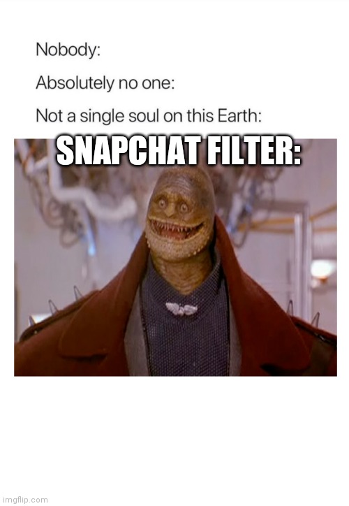 Nobody:, Absolutely no one: | SNAPCHAT FILTER: | image tagged in nobody absolutely no one | made w/ Imgflip meme maker