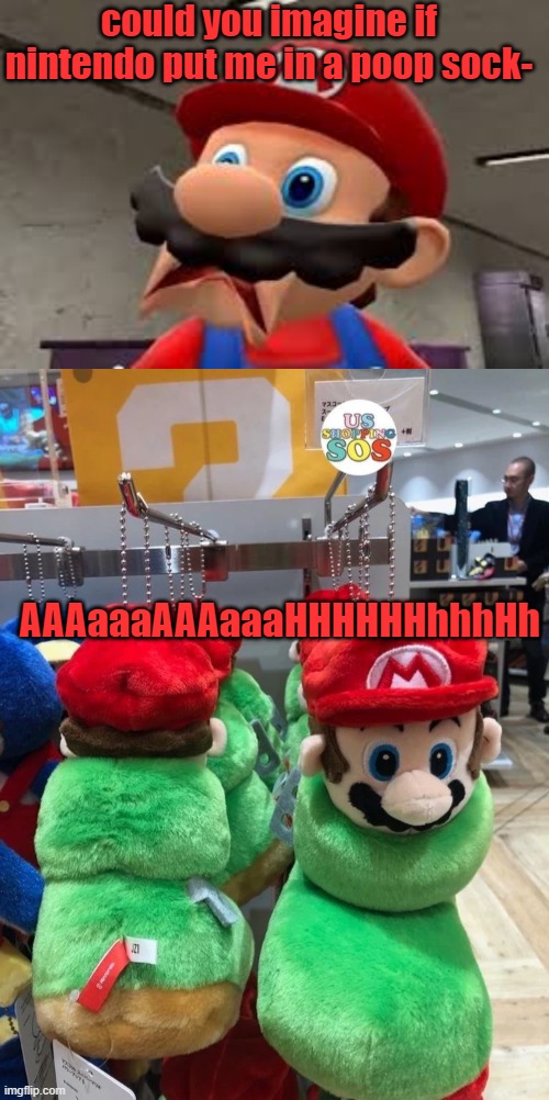 oh no | could you imagine if nintendo put me in a poop sock-; AAAaaaAAAaaaHHHHHHhhhHh | image tagged in mario,nintendo | made w/ Imgflip meme maker