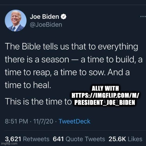 Eyyyy check out this companion stream! | ALLY WITH HTTPS://IMGFLIP.COM/M/ PRESIDENT_JOE_BIDEN | image tagged in joe biden tweet 11/7/20 | made w/ Imgflip meme maker