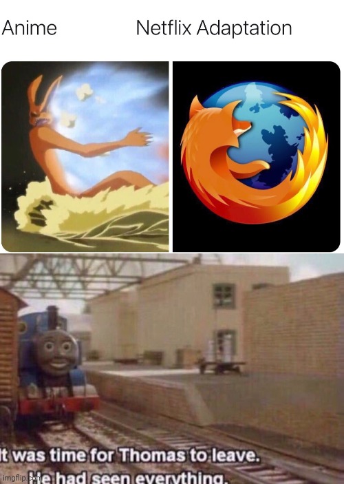 Kurama = Creator of Firefox | image tagged in it was time for thomas to leave,naruto,firefox,memes,same energy,but it was me dio | made w/ Imgflip meme maker
