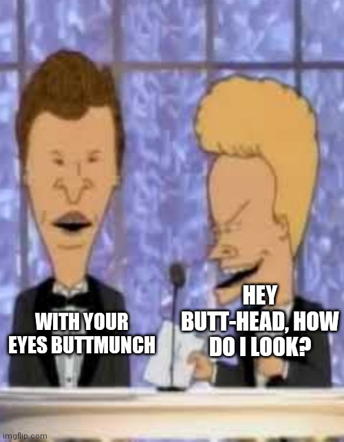 WITH YOUR EYES BUTTMUNCH; HEY BUTT-HEAD, HOW DO I LOOK? | image tagged in beavis and butthead | made w/ Imgflip meme maker