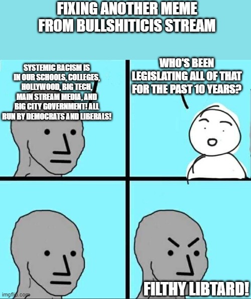 It's like they give me a guide on what to post on. | FIXING ANOTHER MEME FROM BULLSHITICIS STREAM; WHO'S BEEN LEGISLATING ALL OF THAT FOR THE PAST 10 YEARS? SYSTEMIC RACISM IS IN OUR SCHOOLS, COLLEGES, HOLLYWOOD, BIG TECH, MAIN STREAM MEDIA, AND BIG CITY GOVERNMENT! ALL RUN BY DEMOCRATS AND LIBERALS! FILTHY LIBTARD! | image tagged in npc meme,trumptards,so racist,so ignorant | made w/ Imgflip meme maker