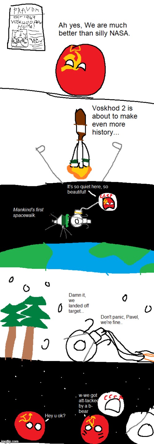 yes i redid voskhod 2. also yes they did land in the middle of a forest and got attacked by a bear | image tagged in countryballs,space | made w/ Imgflip meme maker