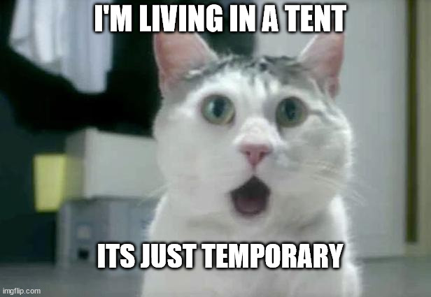 OMG Cat Meme |  I'M LIVING IN A TENT; ITS JUST TEMPORARY | image tagged in memes,omg cat | made w/ Imgflip meme maker
