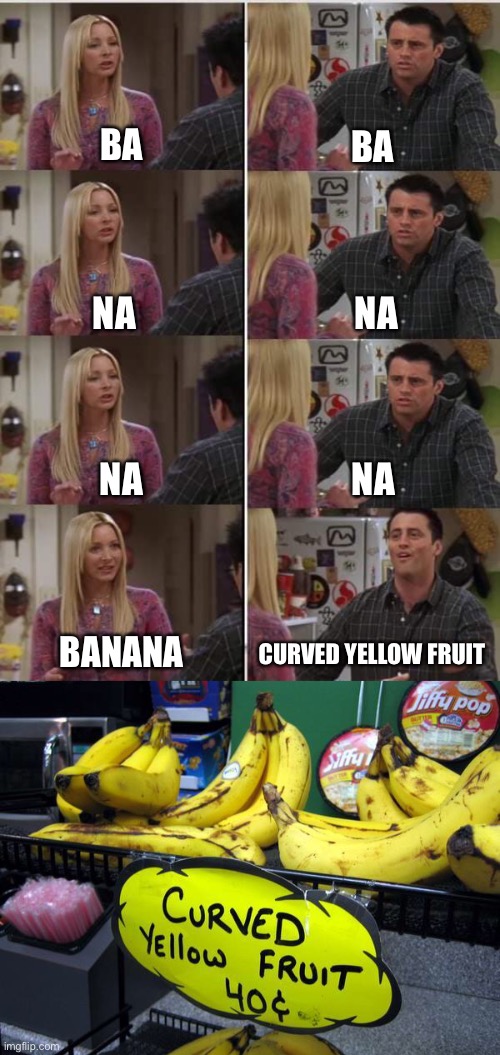 engrish |  BA; BA; NA; NA; NA; NA; BANANA; CURVED YELLOW FRUIT | image tagged in phoebe joey,banana,funny signs,memes | made w/ Imgflip meme maker