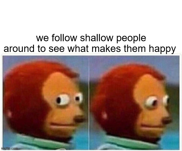 Monkey Puppet |  we follow shallow people around to see what makes them happy | image tagged in memes,monkey puppet | made w/ Imgflip meme maker