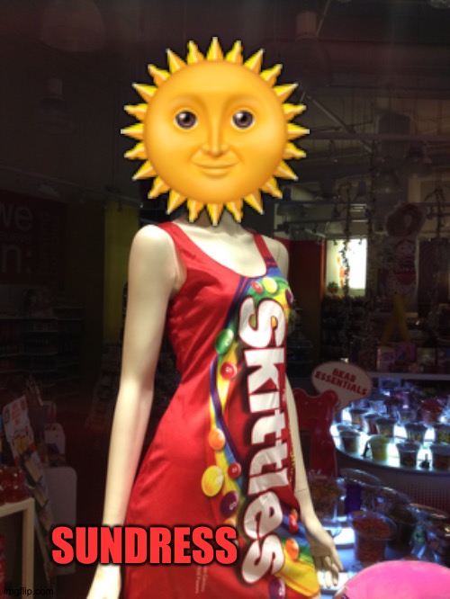 Sunny shows off her svelte figure in a sundress with the Skittles logo. | 🌞; SUNDRESS | image tagged in fashion,window design,itsugar,skittles,emooji art,brian einersen | made w/ Imgflip meme maker