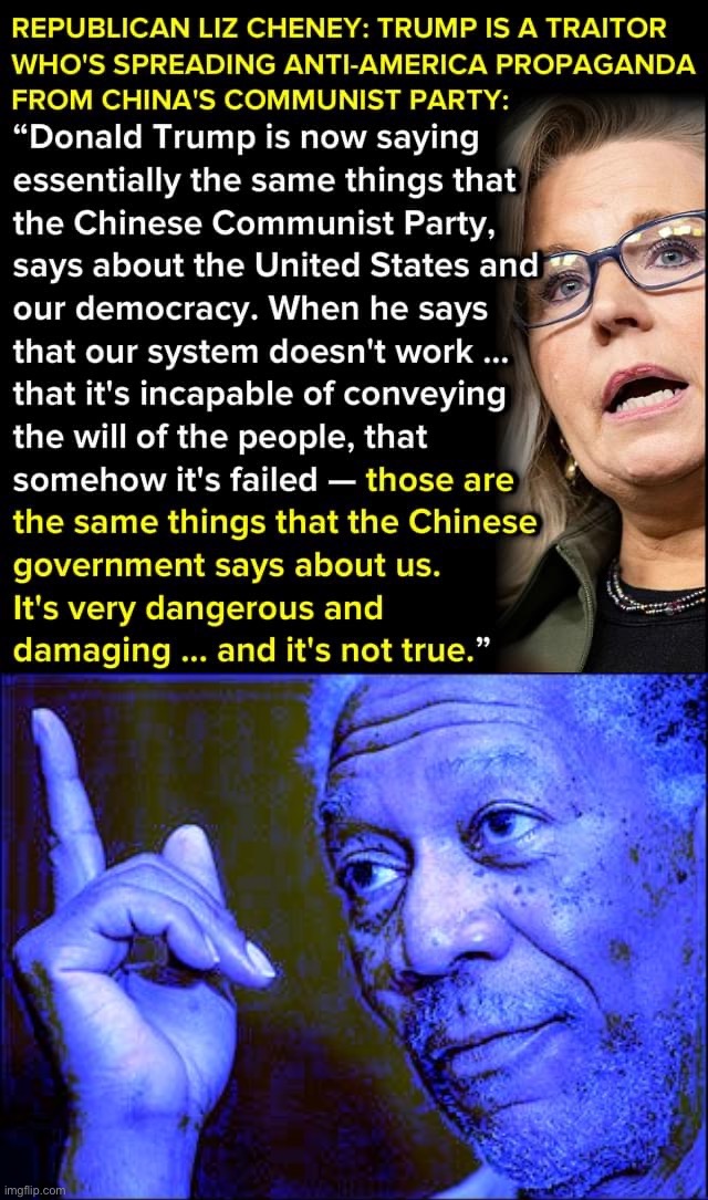 When your view of American democracy is the same as that of Chinese propaganda, time to go home | image tagged in liz cheney vs donald trump,morgan freeman this blue version,republicans,republican,gop,traitor | made w/ Imgflip meme maker