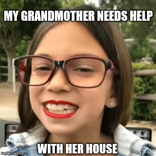 Mini AOC |  MY GRANDMOTHER NEEDS HELP; WITH HER HOUSE | image tagged in mini aoc | made w/ Imgflip meme maker