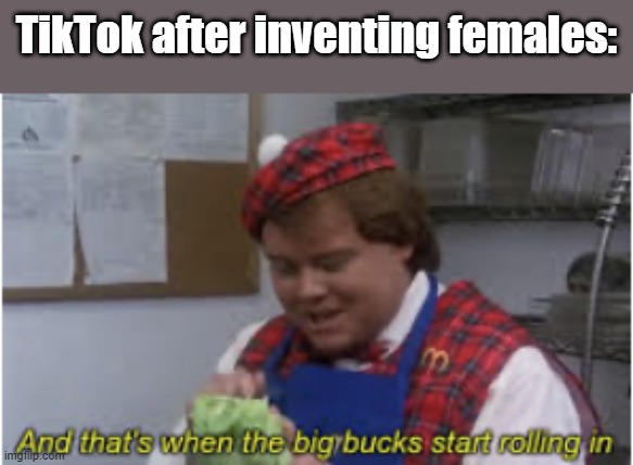 And that’s when the big bucks start rolling in | TikTok after inventing females: | image tagged in and that s when the big bucks start rolling in | made w/ Imgflip meme maker