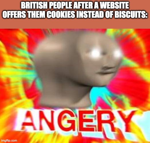 Surreal Angery | BRITISH PEOPLE AFTER A WEBSITE OFFERS THEM COOKIES INSTEAD OF BISCUITS: | image tagged in surreal angery | made w/ Imgflip meme maker