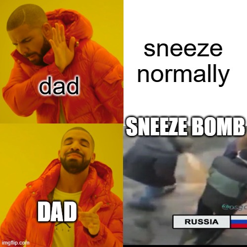 Drake Hotline Bling | sneeze normally; dad; SNEEZE BOMB; DAD | image tagged in memes,drake hotline bling | made w/ Imgflip meme maker