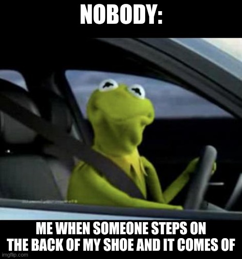 Kermit Driving | NOBODY:; ME WHEN SOMEONE STEPS ON THE BACK OF MY SHOE AND IT COMES OF | image tagged in kermit driving | made w/ Imgflip meme maker