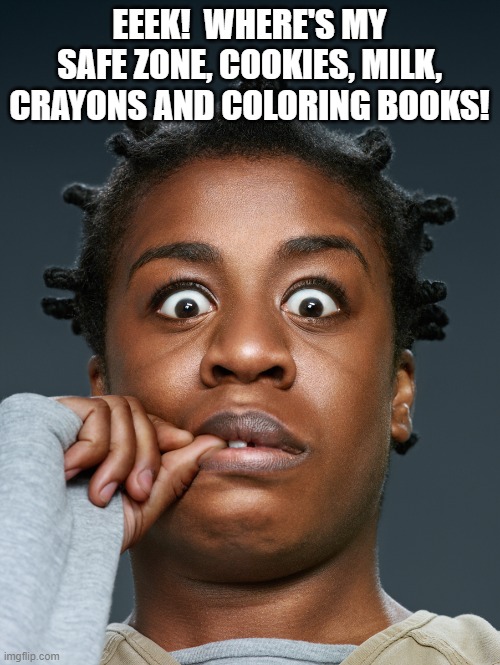 Crazed Shocked Afrykan | EEEK!  WHERE'S MY SAFE ZONE, COOKIES, MILK, CRAYONS AND COLORING BOOKS! | image tagged in crazed shocked afrykan | made w/ Imgflip meme maker