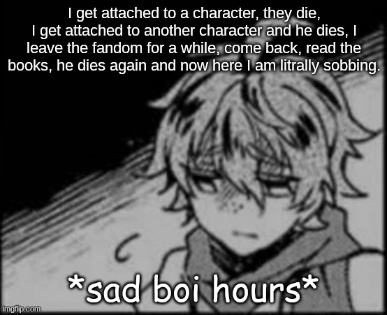 sad boi hours | I get attached to a character, they die, I get attached to another character and he dies, I leave the fandom for a while, come back, read the books, he dies again and now here I am litrally sobbing. | image tagged in sad boi hours | made w/ Imgflip meme maker