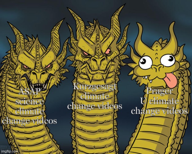 Three-headed Dragon | Kurzgesagt climate change videos; Prager U climate change videos; ASAP science climate change videos | image tagged in three-headed dragon,kurzgesagt | made w/ Imgflip meme maker