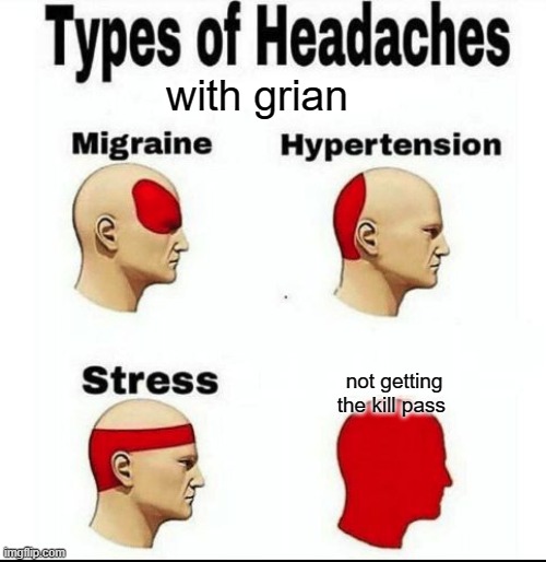 Types of Headaches meme | with grian; not getting the kill pass | image tagged in types of headaches meme | made w/ Imgflip meme maker
