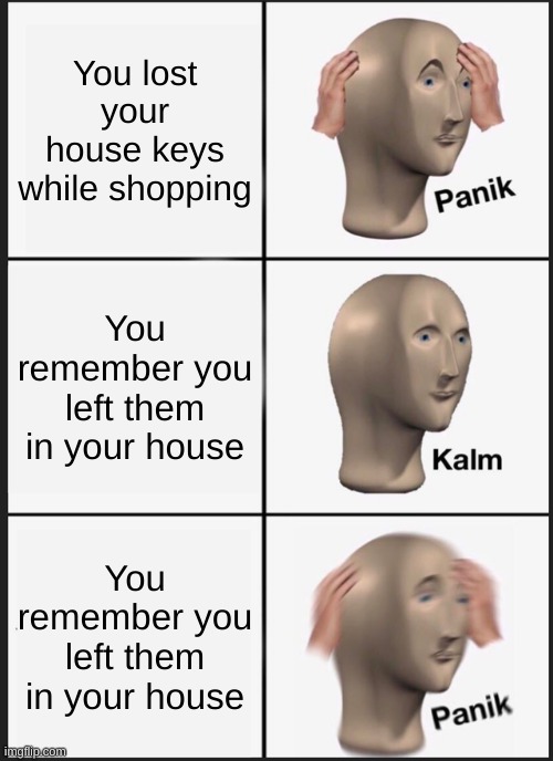 We've all been there | You lost your house keys while shopping; You remember you left them in your house; You remember you left them in your house | image tagged in memes,panik kalm panik | made w/ Imgflip meme maker