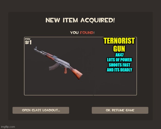 ternorist | TERNORIST GUN; AK47
LOTS OF POWER SHOOTS FAST AND ITS DEADLY | image tagged in you got tf2 shit,ternorist,gun,tf2,oof | made w/ Imgflip meme maker