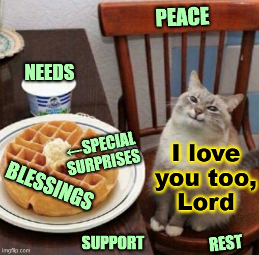 Oh, how He loves us so! | PEACE; NEEDS; ←SPECIAL SURPRISES; I love
you too,
Lord; BLESSINGS; SUPPORT; REST | image tagged in cat likes their waffle,god,love,christianity,peace,cats | made w/ Imgflip meme maker