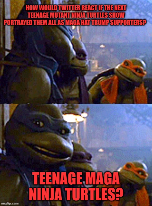 How do you suppose the franchise would fare and what it would be like? | HOW WOULD TWITTER REACT IF THE NEXT TEENAGE MUTANT NINJA TURTLES SHOW PORTRAYED THEM ALL AS MAGA HAT TRUMP SUPPORTERS? TEENAGE MAGA NINJA TURTLES? | image tagged in teenage mutant ninja turtles,donald trump | made w/ Imgflip meme maker