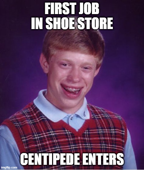 bad luck brian | FIRST JOB IN SHOE STORE; CENTIPEDE ENTERS | image tagged in memes,bad luck brian | made w/ Imgflip meme maker