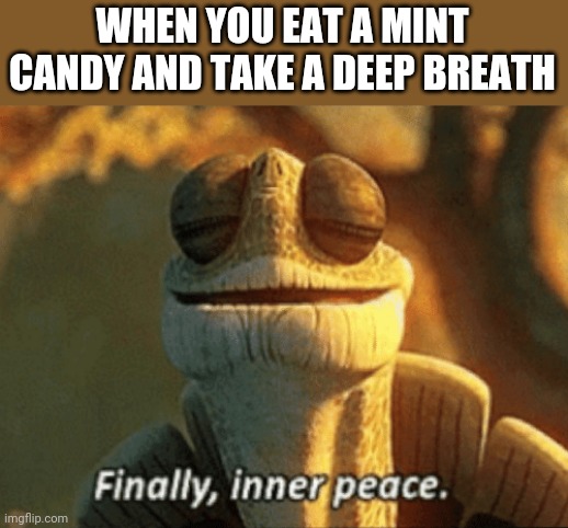 Finally, inner peace. | WHEN YOU EAT A MINT CANDY AND TAKE A DEEP BREATH | image tagged in finally inner peace | made w/ Imgflip meme maker