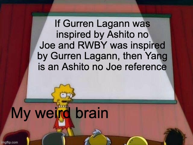 Lisa Simpson's Presentation | If Gurren Lagann was inspired by Ashito no Joe and RWBY was inspired by Gurren Lagann, then Yang is an Ashito no Joe reference; My weird brain | image tagged in lisa simpson's presentation,rwby | made w/ Imgflip meme maker